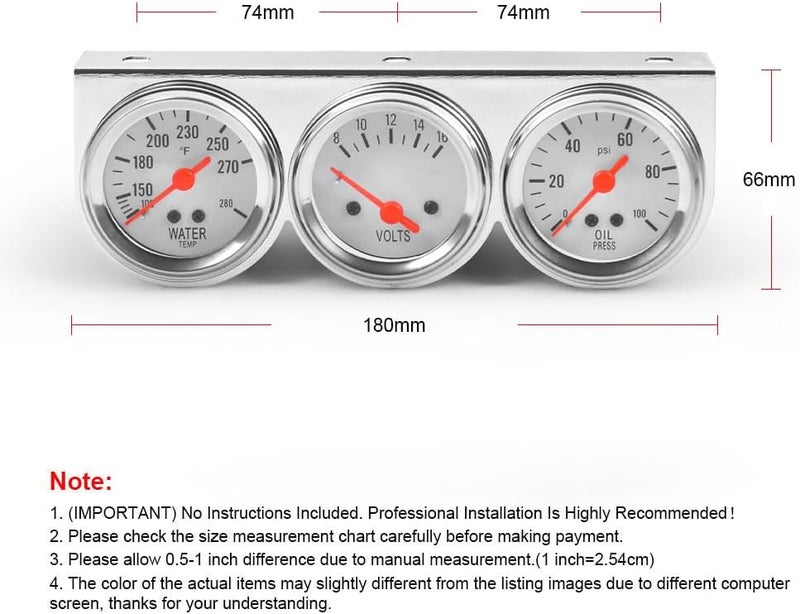 Dyno Racing 2inch 52MM Triple Gauge kit Volt Meter Water Temp Temperature Gauge Oil Press Pressure Gauge Car Meter Triple Gauge Set - Image 5