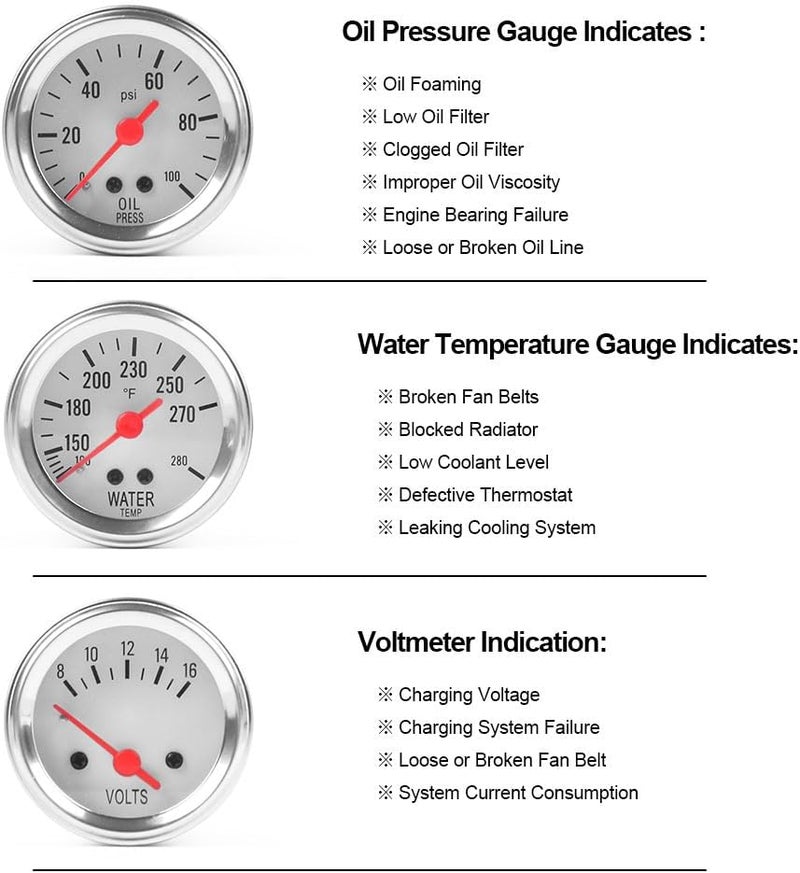 Dyno Racing 2inch 52MM Triple Gauge kit Volt Meter Water Temp Temperature Gauge Oil Press Pressure Gauge Car Meter Triple Gauge Set - Image 4
