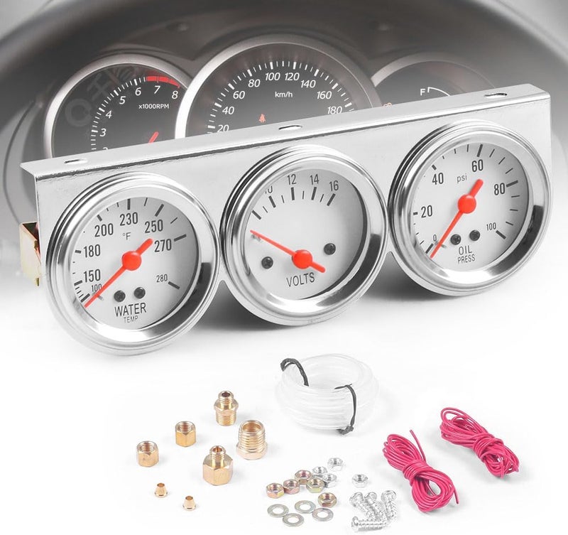 Dyno Racing 2inch 52MM Triple Gauge kit Volt Meter Water Temp Temperature Gauge Oil Press Pressure Gauge Car Meter Triple Gauge Set - Image 1