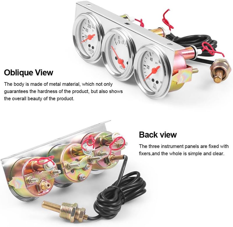 Dyno Racing 2inch 52MM Triple Gauge kit Volt Meter Water Temp Temperature Gauge Oil Press Pressure Gauge Car Meter Triple Gauge Set - Image 3