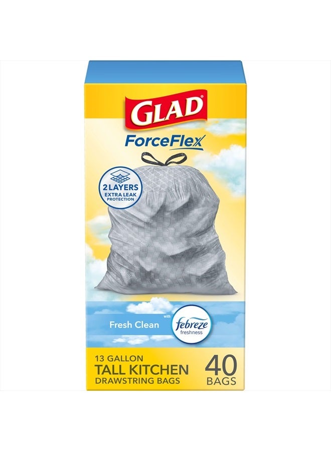 Glad أكياس القمامة، أكياس قمامة مطاطية عالية، أكياس قمامة ذات سحب، نظيفة ومنعشة، 13 جالون، 40 قطعة (قد يختلف التعبئة) - Image 1