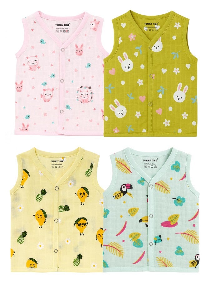 TUMMY TIME Baby Sleeveless Cotton Jablas Combo for Boys & Girls – Pack of 4, 100% Muslin Cotton, Soft & Breathable, Front Open (Combo1, 3-6 Month) - Image 1