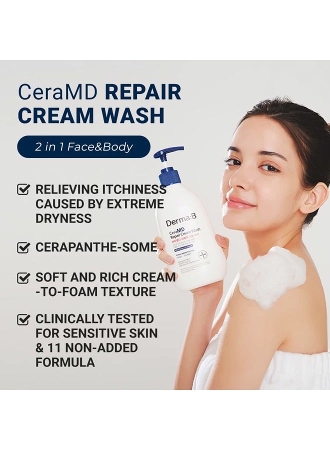 derma b CeraMD Repair Cream Wash, Unscented Fragrance Free Creamy Face & Body Cleanser for Dry Sensitive Itchy Skin, Deep Moisture Paraben-Free Body Wash, Cream to Foam Cleanser, 13.5 Fl. Oz., 400ml - Image 2