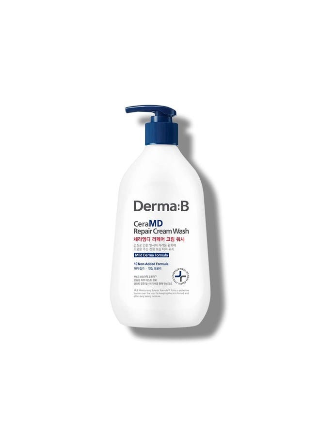 derma b CeraMD Repair Cream Wash, Unscented Fragrance Free Creamy Face & Body Cleanser for Dry Sensitive Itchy Skin, Deep Moisture Paraben-Free Body Wash, Cream to Foam Cleanser, 13.5 Fl. Oz., 400ml - Image 1