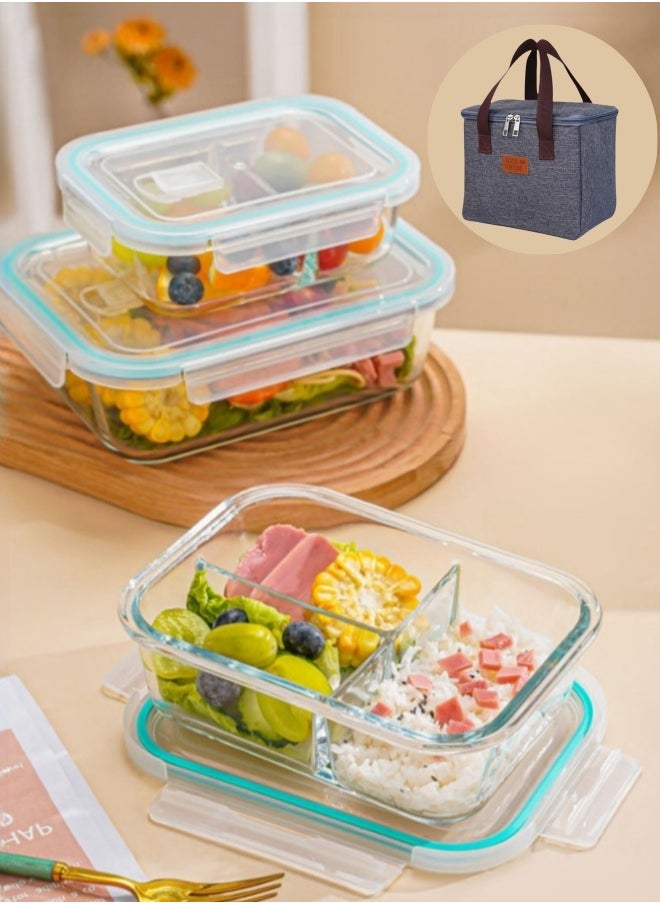 Browning - 3 Piece Large Capacity Microwave Heating High Borosilicate Food Grade Glass Lunch Boxes Glass Bowls Sealed Crisper Box ,Lunch Boxes Office,Lunch Boxes School,1040ml, 1040ml, 640ml with Insulation Bag - Image 1