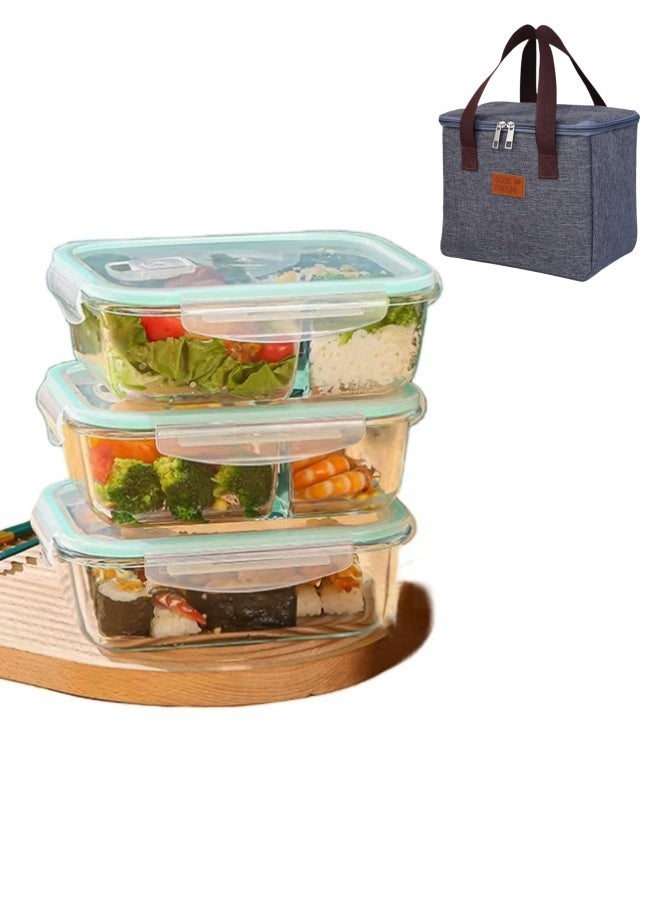 Browning - 3 Piece Large Capacity Microwave Heating High Borosilicate Food Grade Glass Lunch Boxes Glass Bowls Sealed Crisper Box ,Lunch Boxes Office,Lunch Boxes School,1040ml, 1040ml, 640ml with Insulation Bag - Image 1