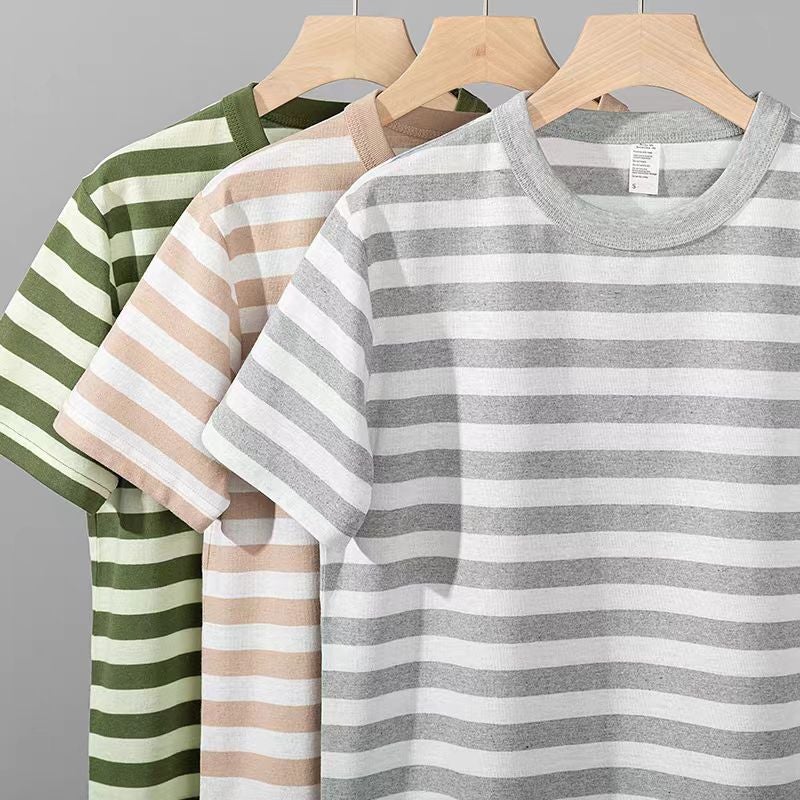 200G Carbon Brush Sanding Summer Color Strip Men'S And Women'S Short-Sleeved T-Shirt Soft Waxy Casual Joker Sea Soul Top - Image 4