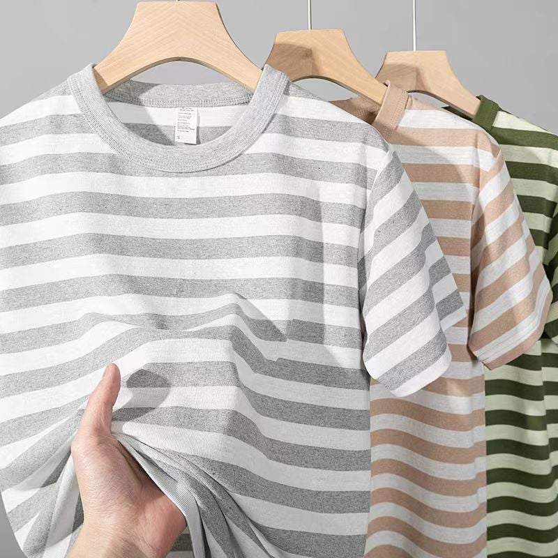 200G Carbon Brush Sanding Summer Color Strip Men'S And Women'S Short-Sleeved T-Shirt Soft Waxy Casual Joker Sea Soul Top - Image 5