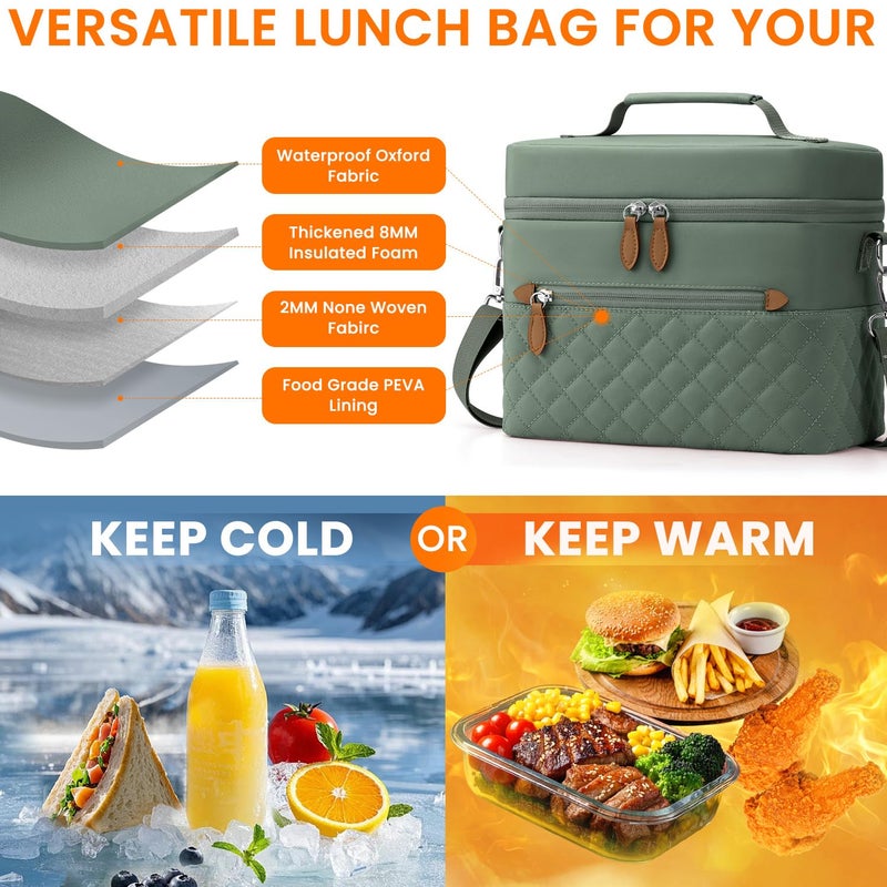 Tenot Insulated Lunch Box for Women Reusable, Leak Proof Cooler Lunch Bag Women for Work Stylish Quilted Lunch Tote Bag for Adult Picnic Travel Hiking Light Green - Image 3
