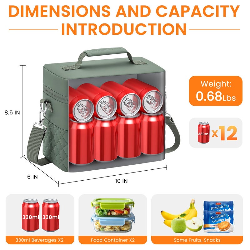 Tenot Insulated Lunch Box for Women Reusable, Leak Proof Cooler Lunch Bag Women for Work Stylish Quilted Lunch Tote Bag for Adult Picnic Travel Hiking Light Green - Image 2