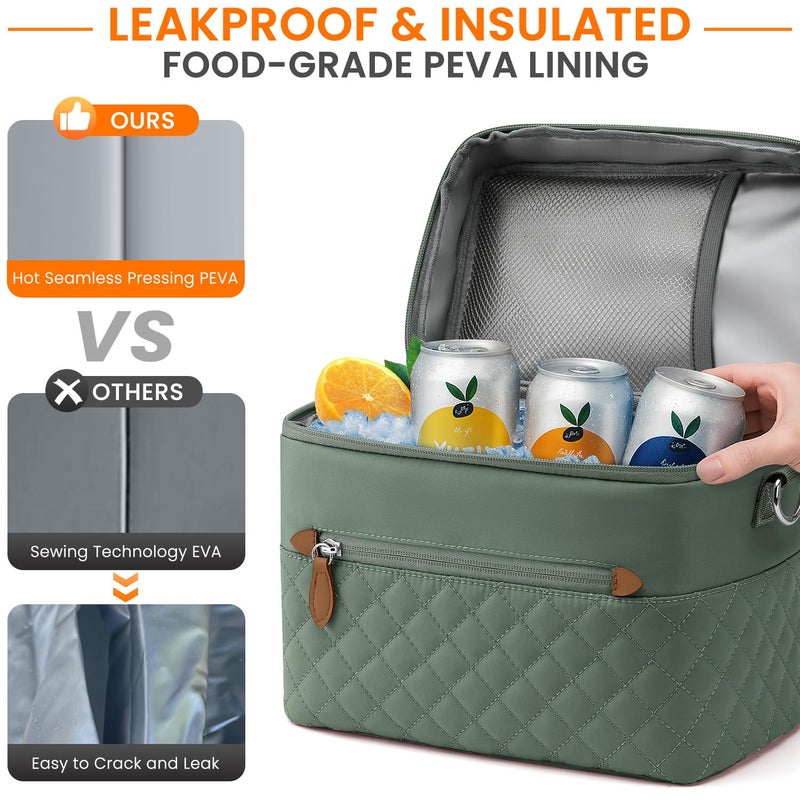 Tenot Insulated Lunch Box for Women Reusable, Leak Proof Cooler Lunch Bag Women for Work Stylish Quilted Lunch Tote Bag for Adult Picnic Travel Hiking Light Green - Image 5