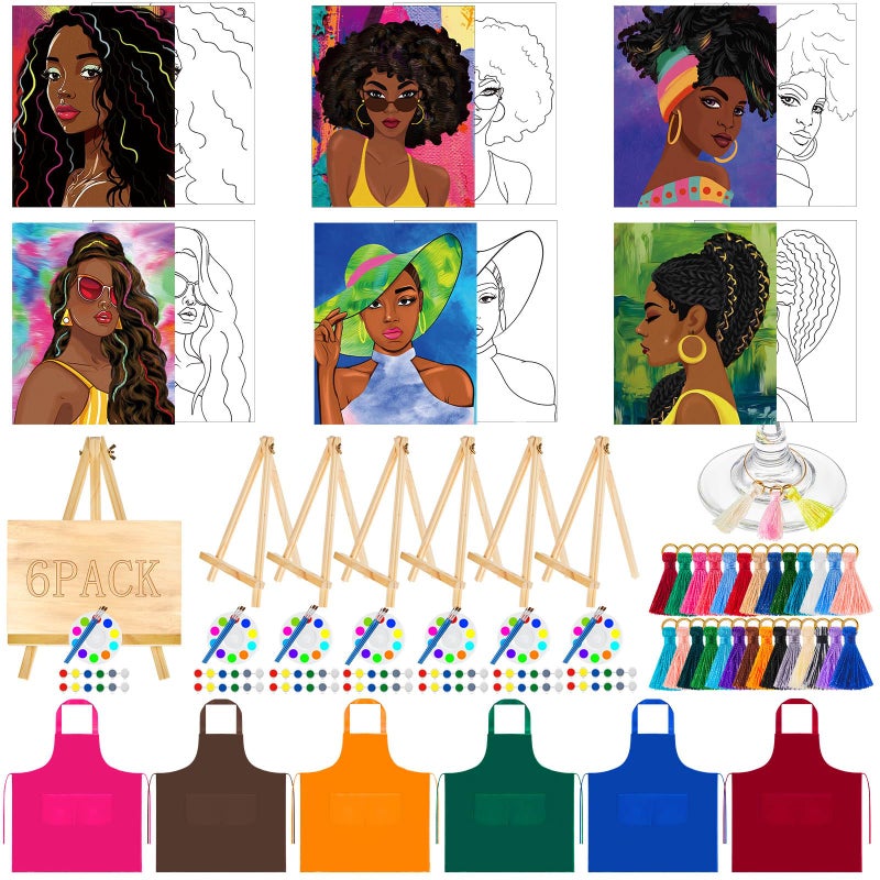 Affrolling 6 Sets Galentines Paint and Sip Kit for Adults Pre Drawn Canvas Painting Set Valentine's Day Stretch Canvas Kit for Her or Him(Afro Girl) - Image 1