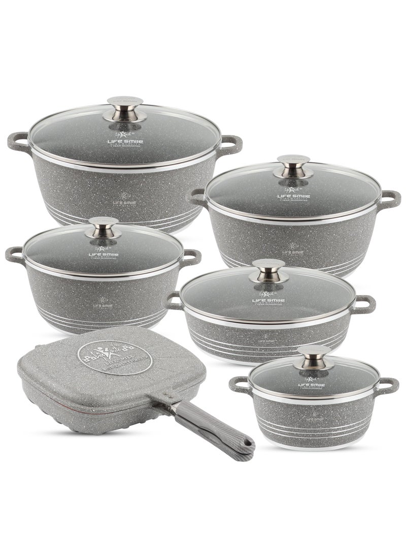 Life Smile 12-Piece Granite Cookware Set Kitchen Pots and Pans Set Includes Stock Pots, Low Pot and Double Grill Pan Non Stick Cookware Sets Healthy 100% PFOA & PFAS Free  - Image 1