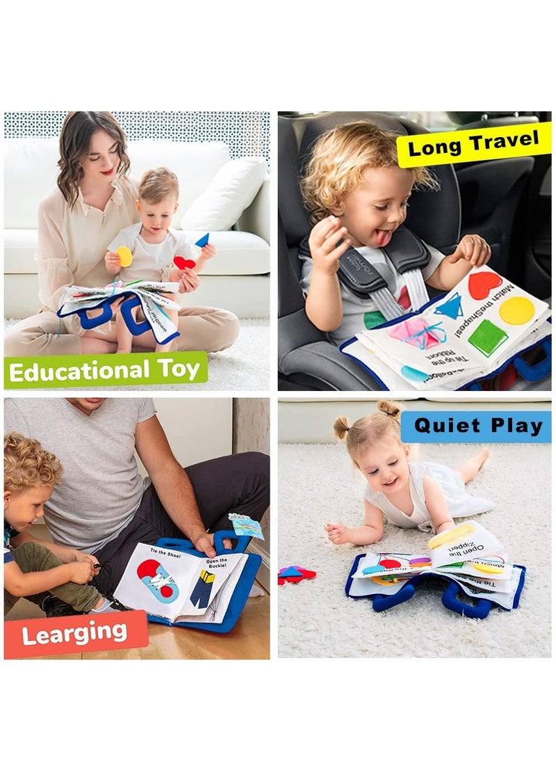 Montessori Quiet Book for Toddlers - Travel-Friendly Cloth Activity Book Featuring 10 Early Learning Topics and Basic Life Skills for Engaged Boys and Girls (Blue) - Image 3