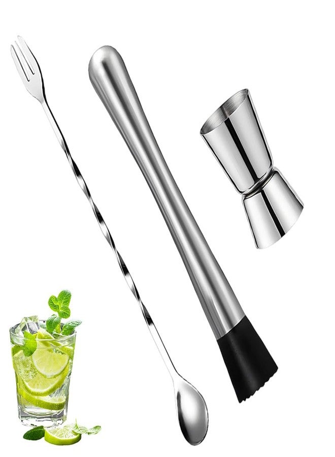Supvox® 3 Piece Stainless Steel Cocktail Shaker Bar Set-Dual Function Bar Spoon, Muddler & 15/30ml Peg Measurer, Cocktail Shaker Set at Home or Parties Professional Bartender Kit for Making Mojito Mix - Image 1