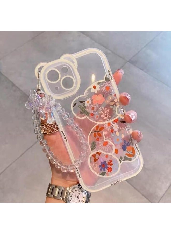 Compatible with iPhone 13 Case, Cute Flowers Bear Camera Protector Clear Case Cover with Lovely Strap Bracelet Chain Girls Women Case for iPhone 13 - Image 5