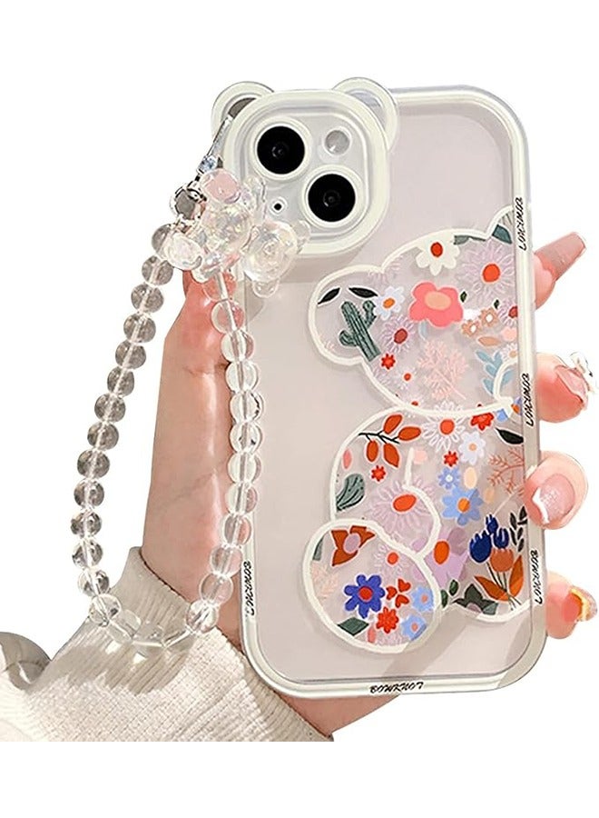 Compatible with iPhone 13 Case, Cute Flowers Bear Camera Protector Clear Case Cover with Lovely Strap Bracelet Chain Girls Women Case for iPhone 13 - Image 1