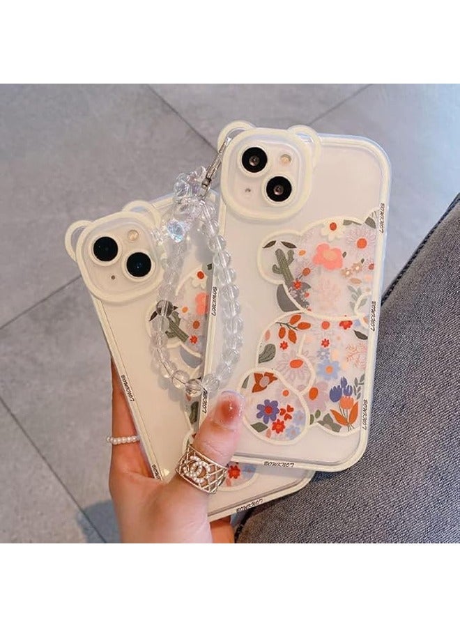 Compatible with iPhone 13 Case, Cute Flowers Bear Camera Protector Clear Case Cover with Lovely Strap Bracelet Chain Girls Women Case for iPhone 13 - Image 3
