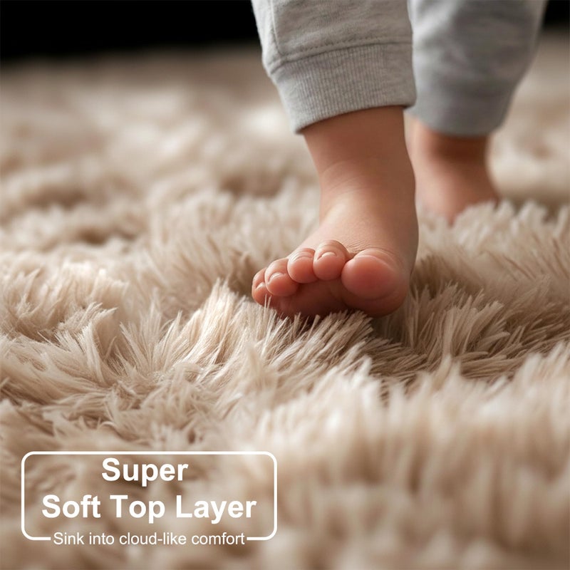 Amdrebio Tie-Dyed Beige Tan Round Area Rug 4Ft for Bedroom, Fluffy Plush Shag Furry Circle Rugs for Kids Room, Living Room Decor Aesthetic, Cute Fuzzy Neutral Carpet for Baby Nursery Playroom Dorm - Image 2