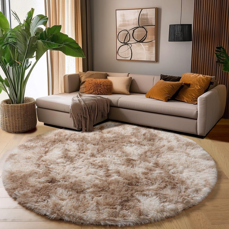 Amdrebio Tie-Dyed Beige Tan Round Area Rug 4Ft for Bedroom, Fluffy Plush Shag Furry Circle Rugs for Kids Room, Living Room Decor Aesthetic, Cute Fuzzy Neutral Carpet for Baby Nursery Playroom Dorm - Image 4
