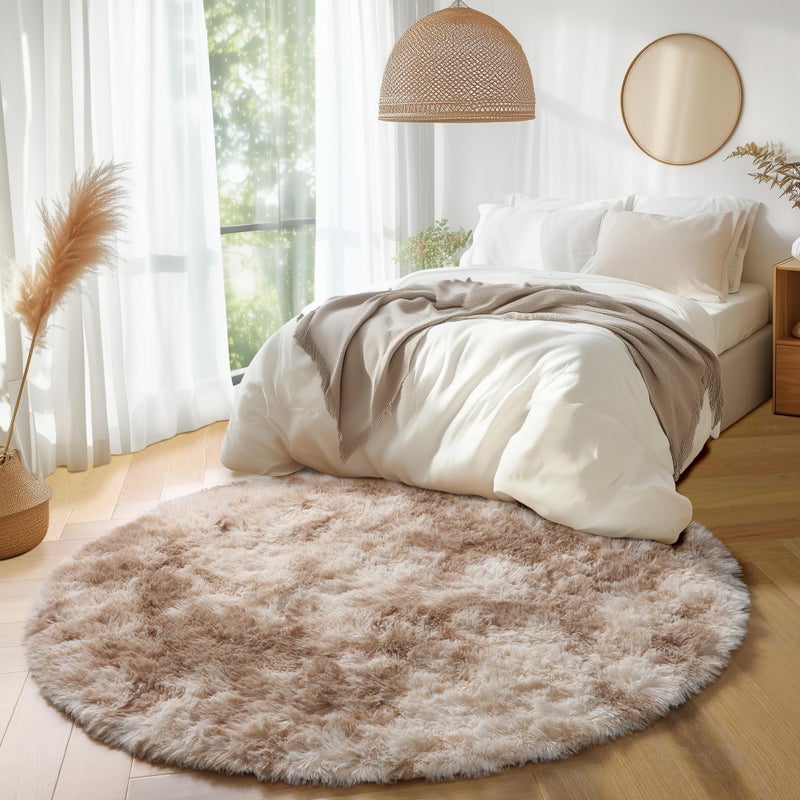 Amdrebio Tie-Dyed Beige Tan Round Area Rug 4Ft for Bedroom, Fluffy Plush Shag Furry Circle Rugs for Kids Room, Living Room Decor Aesthetic, Cute Fuzzy Neutral Carpet for Baby Nursery Playroom Dorm - Image 5