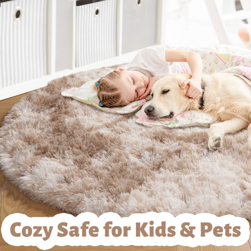 Amdrebio Tie-Dyed Beige Tan Round Area Rug 4Ft for Bedroom, Fluffy Plush Shag Furry Circle Rugs for Kids Room, Living Room Decor Aesthetic, Cute Fuzzy Neutral Carpet for Baby Nursery Playroom Dorm - Image 3