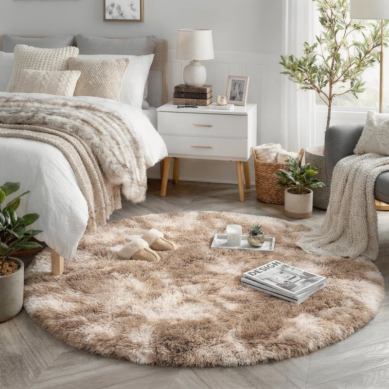 Amdrebio Tie-Dyed Beige Tan Round Area Rug 4Ft for Bedroom, Fluffy Plush Shag Furry Circle Rugs for Kids Room, Living Room Decor Aesthetic, Cute Fuzzy Neutral Carpet for Baby Nursery Playroom Dorm - Image 1