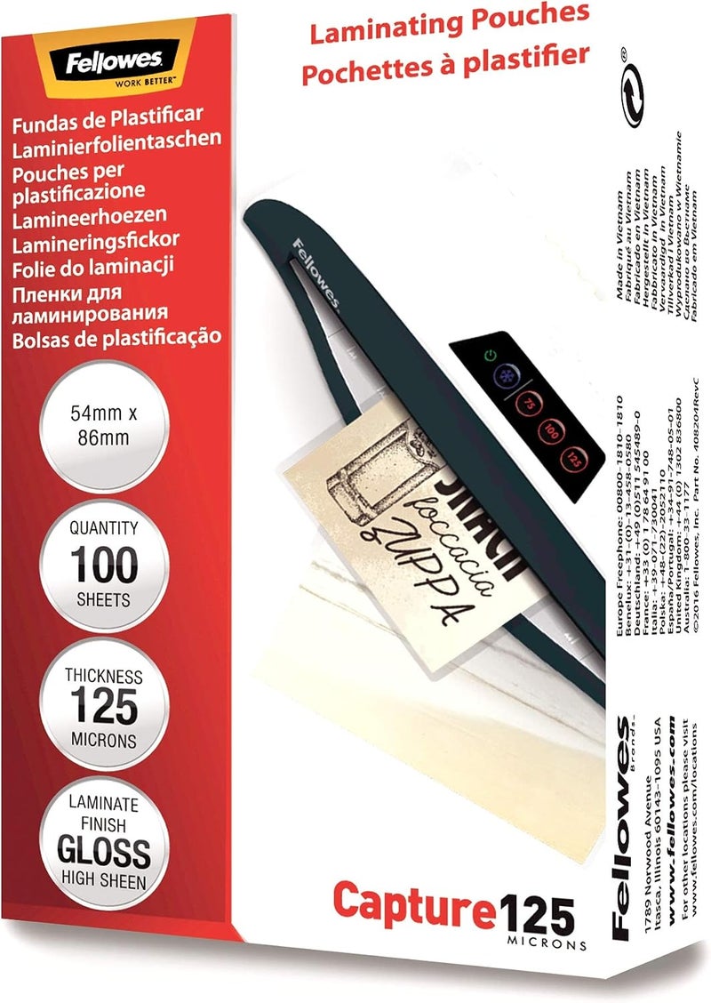Fellowes Capture 60x90mm 125 ميكرون أكياس تصفيح لامعة (عبوة من 100) - Image 1
