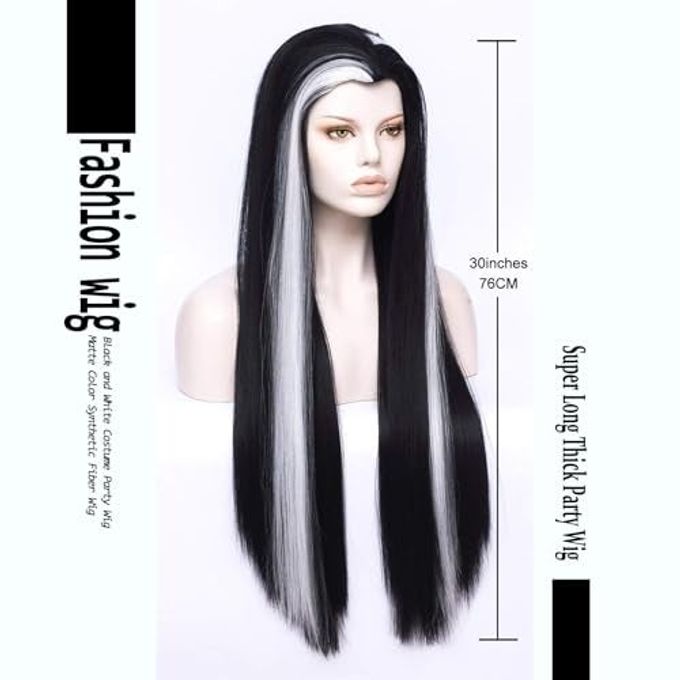 MORTICIA Long Straight Black and White Mixed Widow Peak Design Women Costume Wig - Image 3