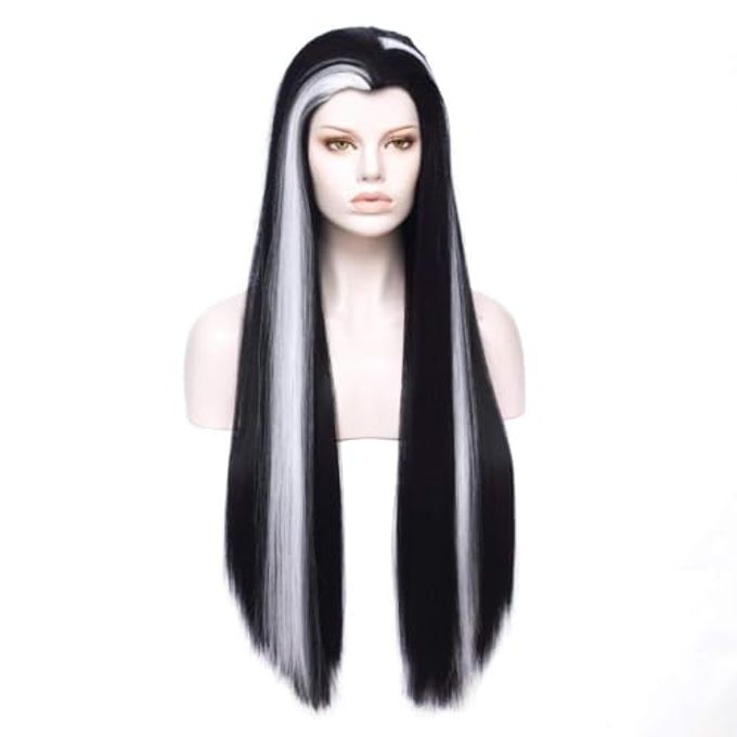 MORTICIA Long Straight Black and White Mixed Widow Peak Design Women Costume Wig - Image 1