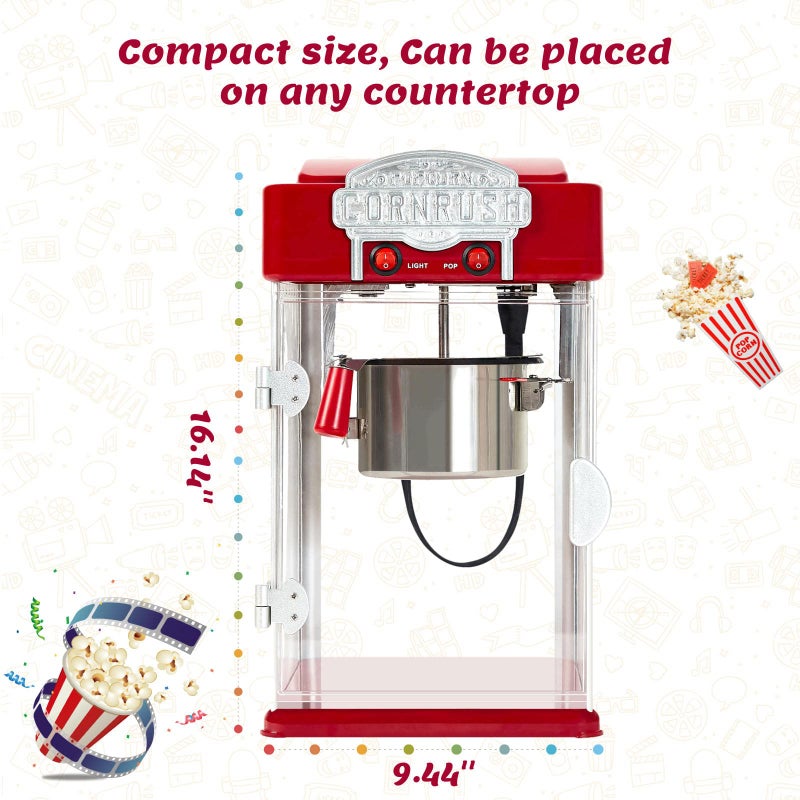 CORNRUSH Popcorn Popper Machine-4 OZ Vintage Professional Popcorn Maker Theater Style with Nonstick Kettle Warming Light and Serving Scoop. (Red) - Image 5
