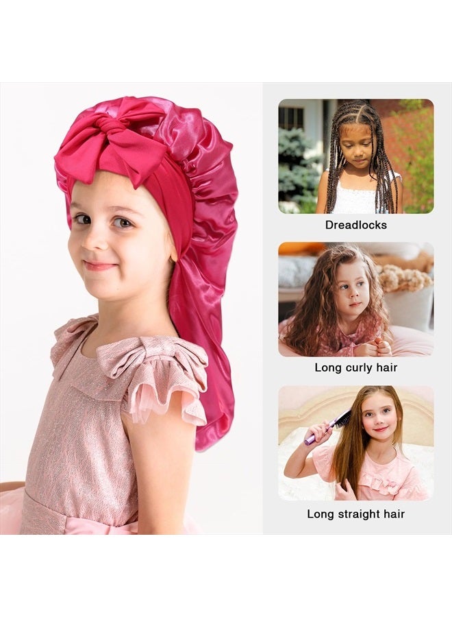 AWAYTR Kids Long Hair Bonnet for Sleeping - Double Layer Girls Elastic Satin Bonnet with Tie Band for Braid Curly Hair (Hot pink) - Image 5