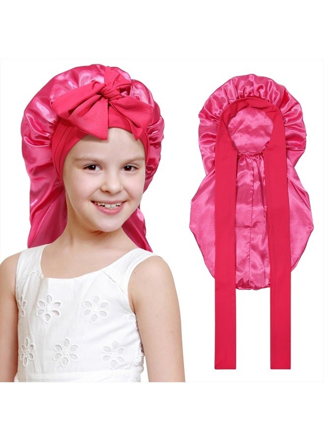 AWAYTR Kids Long Hair Bonnet for Sleeping - Double Layer Girls Elastic Satin Bonnet with Tie Band for Braid Curly Hair (Hot pink) - Image 1