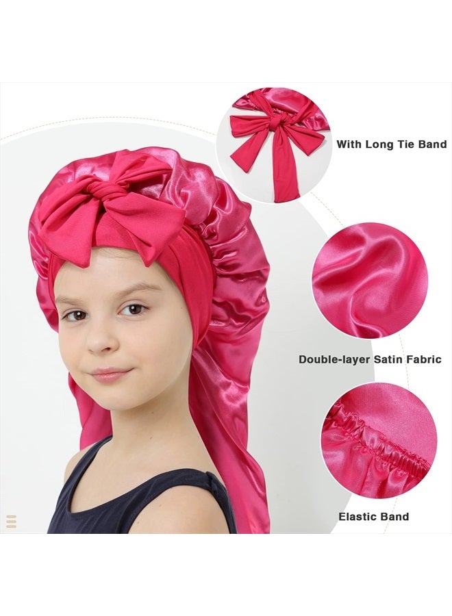 AWAYTR Kids Long Hair Bonnet for Sleeping - Double Layer Girls Elastic Satin Bonnet with Tie Band for Braid Curly Hair (Hot pink) - Image 3
