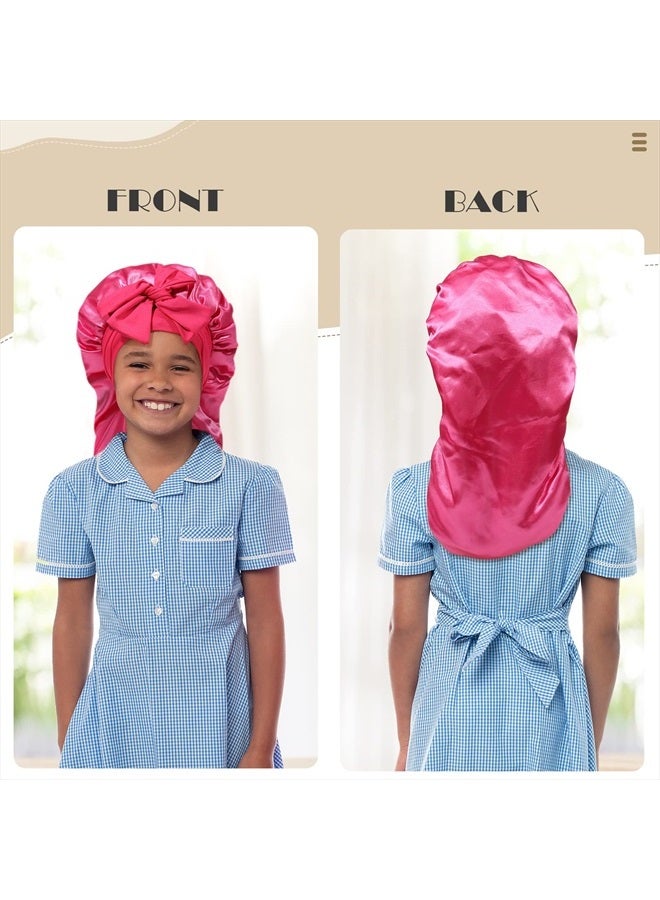 AWAYTR Kids Long Hair Bonnet for Sleeping - Double Layer Girls Elastic Satin Bonnet with Tie Band for Braid Curly Hair (Hot pink) - Image 2