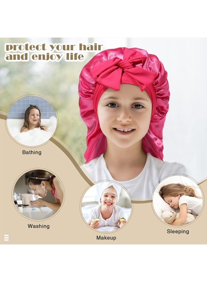 AWAYTR Kids Long Hair Bonnet for Sleeping - Double Layer Girls Elastic Satin Bonnet with Tie Band for Braid Curly Hair (Hot pink) - Image 4