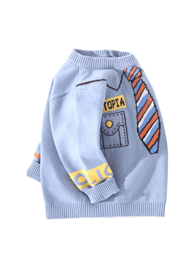 LITTLE SURPRISE BOX Light Blue, Little Man Tie Print Kids Cardigan Sweater, Round Neck