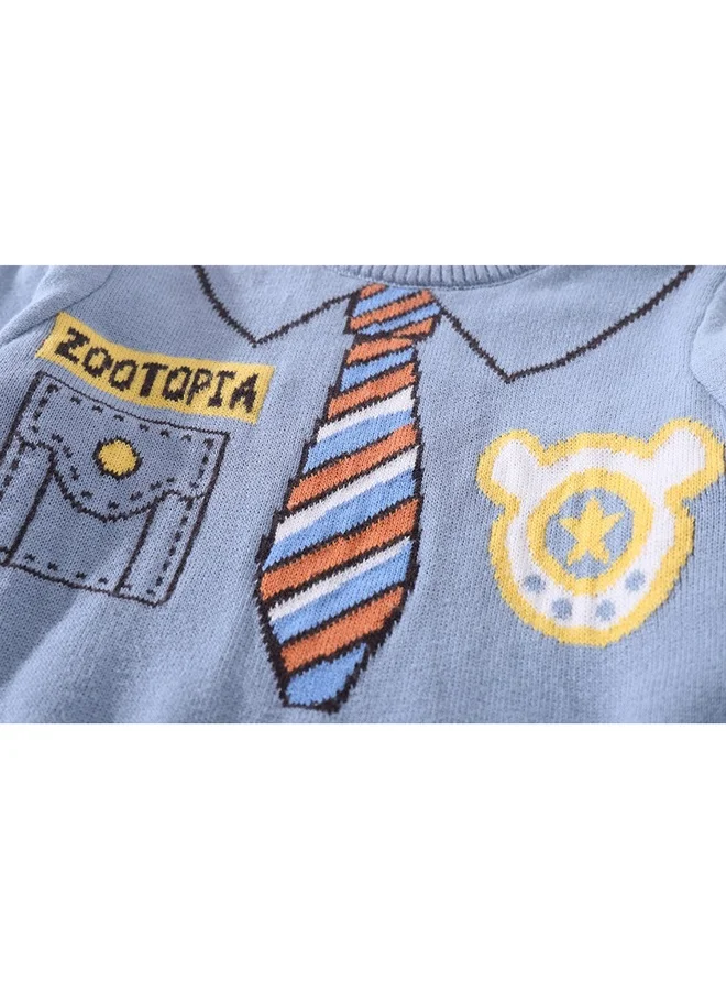 LITTLE SURPRISE BOX Light Blue, Little Man Tie Print Kids Cardigan Sweater, Round Neck
