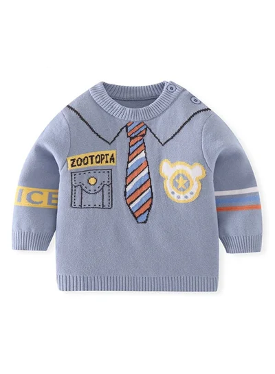 LITTLE SURPRISE BOX Light Blue, Little Man Tie Print Kids Cardigan Sweater, Round Neck
