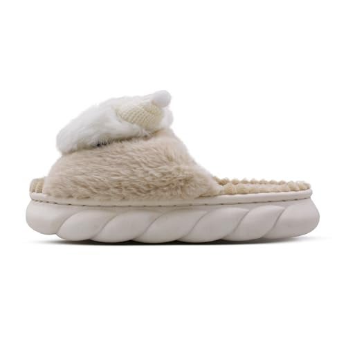 VRITRAZ Women’s Cute Cat Plush Winter Slippers | Warm Cozy Anti-Skid Footwear for Bedroom & Living Room | Comfortable Winter Shoes for Women (Beige, Size 7) - Image 4