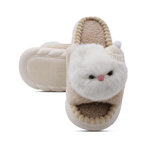 VRITRAZ Women’s Cute Cat Plush Winter Slippers | Warm Cozy Anti-Skid Footwear for Bedroom & Living Room | Comfortable Winter Shoes for Women (Beige, Size 7) - Image 2