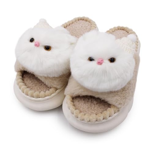 VRITRAZ Women’s Cute Cat Plush Winter Slippers | Warm Cozy Anti-Skid Footwear for Bedroom & Living Room | Comfortable Winter Shoes for Women (Beige, Size 7) - Image 1