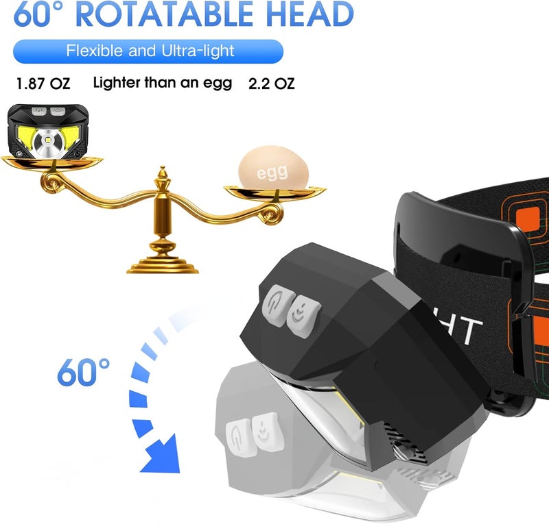 LHKNL مصباح رأس LED من LHKNL بقوة 1200 لومن، قابل لإعادة الشحن، مقاوم للماء، مع مستشعر حركة و8 أوضاع - مثالي للتخييم والجري وركوب الدراجات وصيد السمك - Image 5
