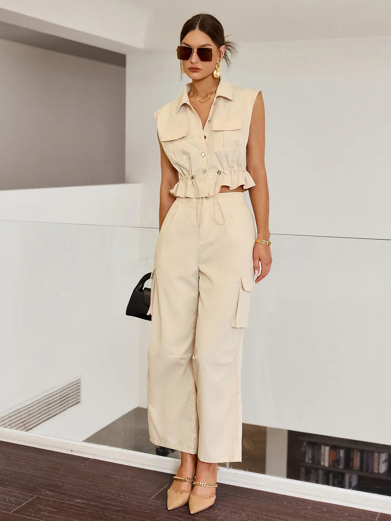 Simplee Lapel Sleeveless Blazer Crop Top & High Waist Wide Leg Trousers Set, Waist Defined Modest Co-ord Set