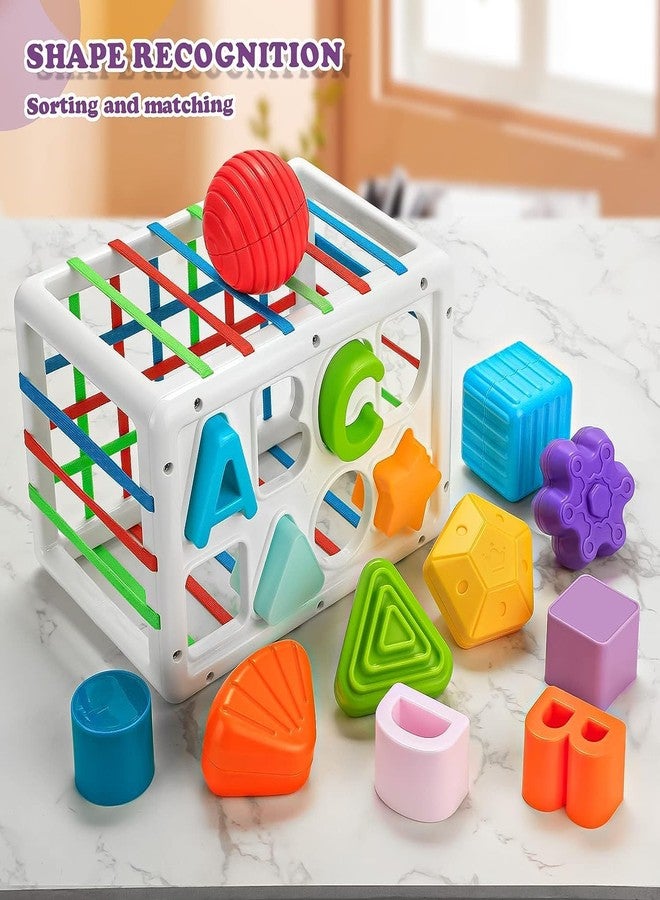 GoldiMec Baby Shape Sorting Cube with ABCD and Shape Blocks, Sensory Bin with Colourful Elastic Rope for Toddlers, Babies and Kids Early Educational Montessori Learning Developmental STEM Toys - Image 5