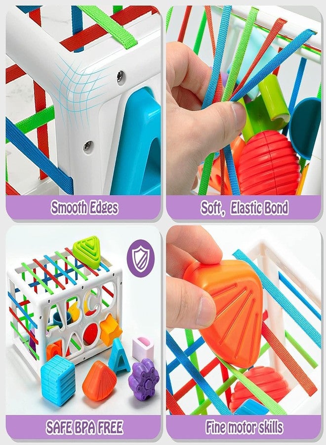GoldiMec Baby Shape Sorting Cube with ABCD and Shape Blocks, Sensory Bin with Colourful Elastic Rope for Toddlers, Babies and Kids Early Educational Montessori Learning Developmental STEM Toys - Image 3