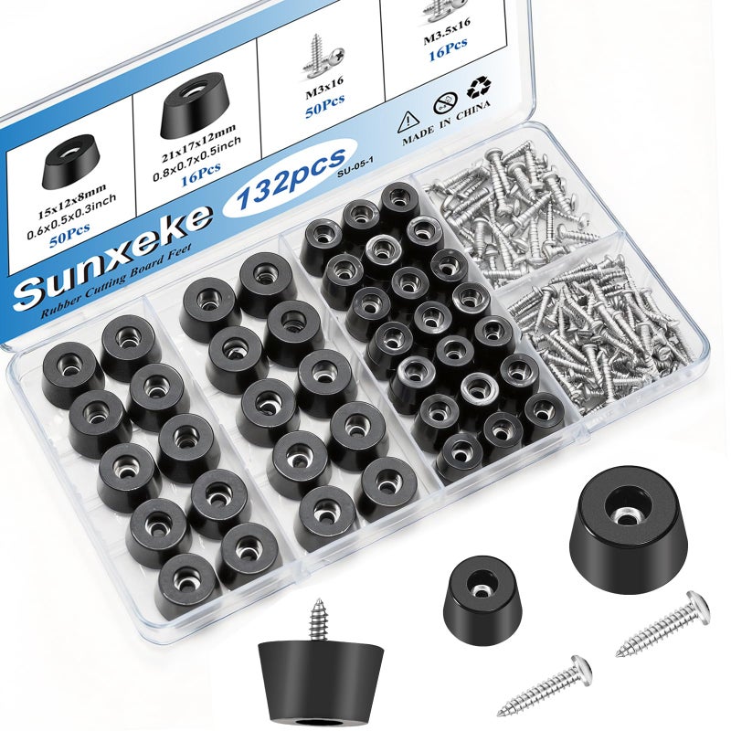 Sunxeke 132Pcs Rubber Feet for Cutting Board with Stainless Washer Screws Assortment Kit,2 Sizes (0.6inch, 0.8inch),Non Slip Rubber Bumper Feet for Furniture, Cabinets, Electronics - Image 1