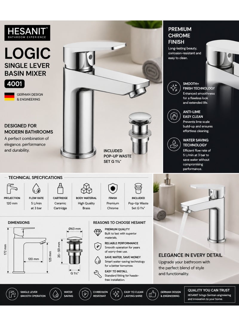 HESANIT Logic Single Lever Basin Mixer 4001, Premium Chrome Bathroom Faucet with Pop-Up Waste, Water Saving, 120mm Projection Chrome - Image 4