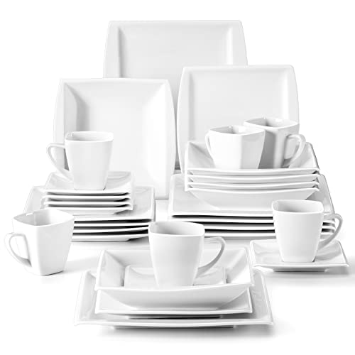 MALACASA Plates and Bowls Sets Square Dinnerware Sets for 6 30pcs Series Blance
