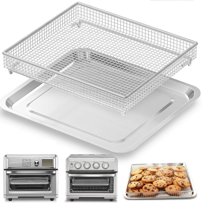 COWHERDING Air Fryer Tray Replacement for Cuisinart TOA-60 TOA-65 TOA-70 Airfryer Convection Toaster Oven, 12.4"x11" Stainless Steel Baking Sheet Pan and Mesh Wire Rack Basket Accessories Parts, Dishwasher Safe - Image 1
